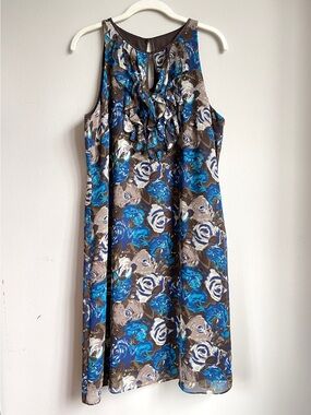 Ann Taylor Y2K Blue & Brown Floral Ruffle Midi Dress with Keyhole